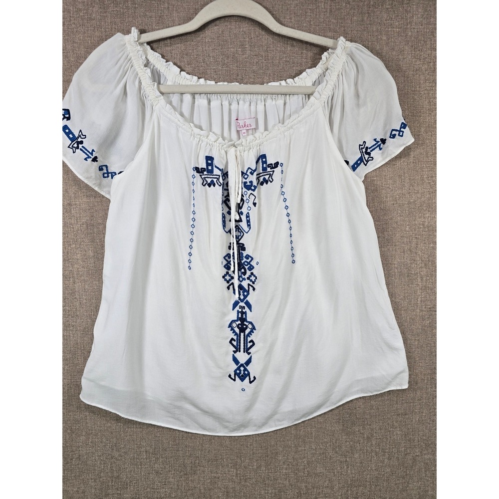Parker White Blue Embroidered Peasant Blouse Rayon Boho Top XS P7B3128TLM